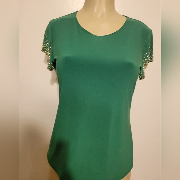 Nichole Miller Green Beaded Sleeve Women's Top Demure Business Classy Small - Picture 2 of 7